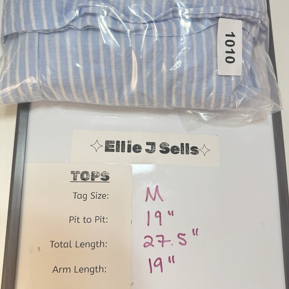 John Mark Linen Top Ruched Sleeve Button Down Tunic M Blue White Striped Coastal - Picture 9 of 9